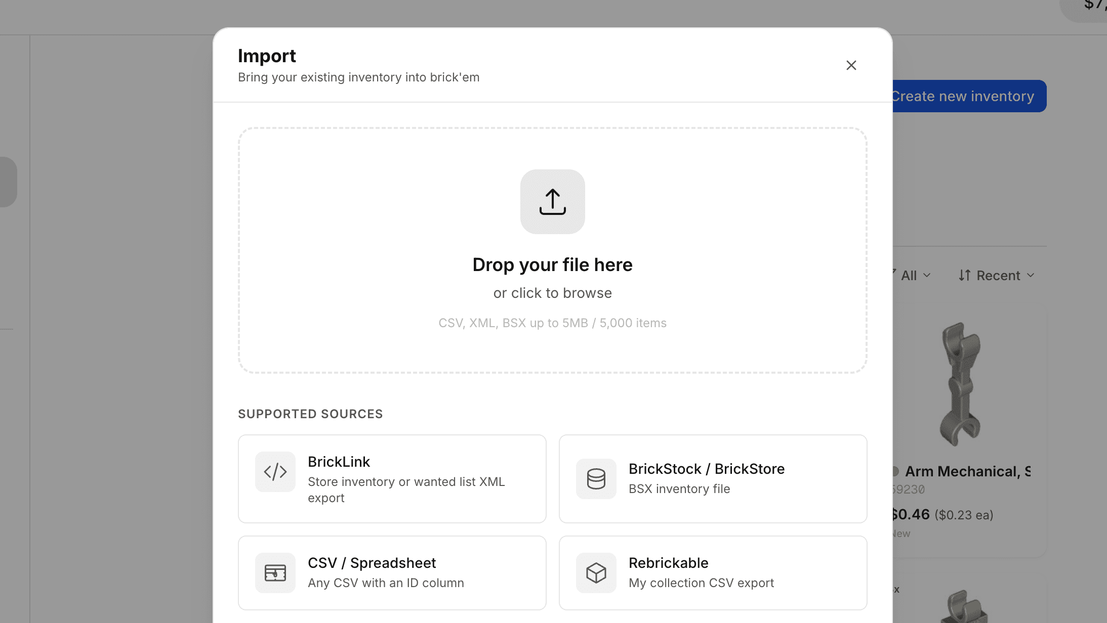brick'em import: drop your file here, with BrickLink, BrickStock, spreadsheet and Rebrickable as supported sources