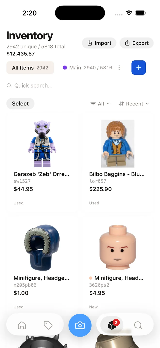 brick'em app inventory tab with the same items and total