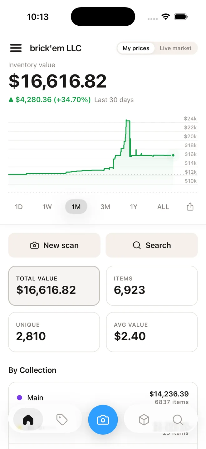 brick'em app home tab: inventory value $16,616.82, up $4,280.36 in the last 30 days, with the value chart and the My prices / Live market toggle
