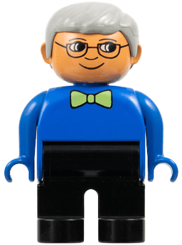 Duplo Figure, Male, Black Legs, Blue Top with Green Bow Tie, Gray Hair, Glasses