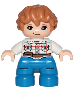 Duplo Figure Lego Ville, Child Boy, Blue Legs, White Checkered Shirt with Belt, Medium Nougat Hair