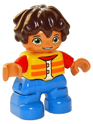 Duplo Figure Lego Ville, Child Boy, Blue Legs, Yellow Vest, Red Arms, Reddish Brown Hair (6265055)