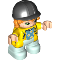 Duplo Figure Lego Ville, Child Girl, Light Aqua Legs, Yellow Jacket with Medium Azure Top with Flowers, Orange Hair, Black Riding Helmet (6323945)