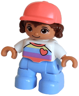 Duplo Figure Lego Ville, Child Girl, Bright Light Blue Legs, White Top with Stripes and Heart, Reddish Brown Hair, Coral Cap (6376729)