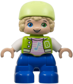Duplo Figure Lego Ville, Child Boy, Blue Legs, Lime Jacket with White Sleeves, Bright Pink Shirt, Yellowish Green Bicycle Helmet (6424661)
