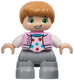 Duplo Figure Lego Ville, Child Boy, Light Bluish Gray Legs, Bright Pink Jacket with Capital Letter C, Polka Dot Shirt, Medium Nougat Hair (6446171)