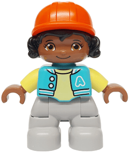 Duplo Figure Lego Ville, Child Girl, Light Bluish Gray Legs, Medium Azure Jacket with Capital Letter A and Buttons, Black Hair, Reddish Orange Riding Helmet (6474068)