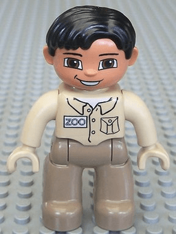 Duplo Figure Lego Ville, Male, Dark Tan Legs, Tan Top, Tan Hands, Black Hair, Brown Eyes (Zoo Keeper)