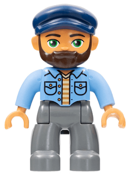 Duplo Figure Lego Ville, Male, Dark Bluish Gray Legs, Medium Blue Shirt, Dark Blue Cap, Beard