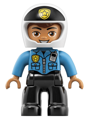 Duplo Figure Lego Ville, Male Police, Black Legs, Dark Azure Top with Badge and Radio, White Helmet with Black Front and Badge (6252672)