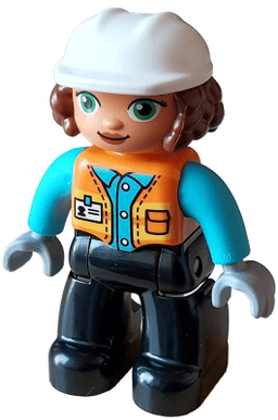 Duplo Figure Lego Ville, Female, Black Legs, Orange Vest with Name Tag and Pocket Pattern, Medium Azure Shirt, Light Bluish Gray Hands, White Construction Helmet (6427943)