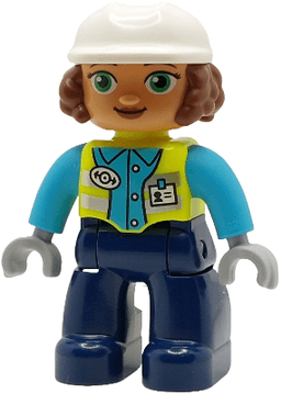 Duplo Figure Lego Ville, Female Railway Worker, Dark Blue Legs, Neon Yellow Vest with Name Tag and Train Logo, Medium Azure Shirt, Light Bluish Gray Hands, White Construction Helmet (6489390)
