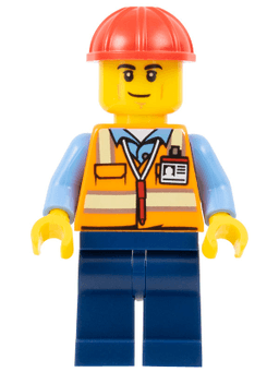 Construction Worker - Male, Orange Safety Vest with Reflective Stripes, Dark Blue Legs, Red Construction Helmet, Smirk
