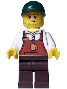 Bakery / Boulangerie Owner - Reddish Brown Apron with Cup and Name Tag, Dark Brown Legs, Dark Green Cap