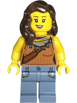 Snack Shack Patron - Female, Medium Nougat Tank Top, Sand Blue Legs with Pockets, Dark Brown Hair