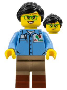 Train Worker - Female, Medium Blue Octan Shirt, Dark Tan Legs with Reddish Brown Boots, Green Glasses, Black Ponytail