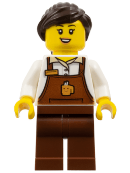 Barkeeper - Female, Reddish Brown Apron with Cup and Name Tag, Reddish Brown Legs, Dark Brown Hair Ponytail and Swept Sideways Fringe