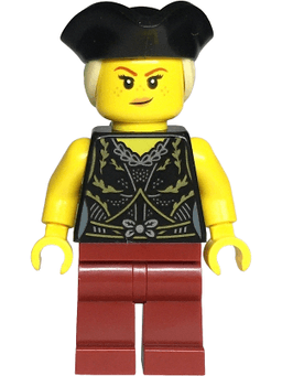 Pirate - Female, Black Dress Top, Dark Red Legs, Black Tricorne Hat with Tan Ponytail