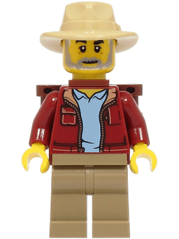 Lost City Explorer - Male, Dark Red Jacket with Bright Light Blue Shirt, Dark Tan Legs, Tan Fedora, Backpack