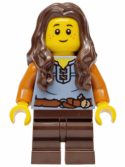 Mushroom Village - Female, Sand Blue Vest, Dark Brown Medium Legs, Dark Brown Long Wavy Hair
