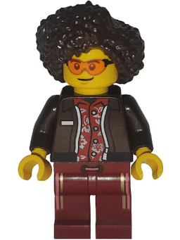 Art Factory Bassist - Female, Dark Brown Jacket over Red Hawaiian Shirt, Dark Red Legs with Coral and Gold Vertical Stripes, Dark Brown Hair