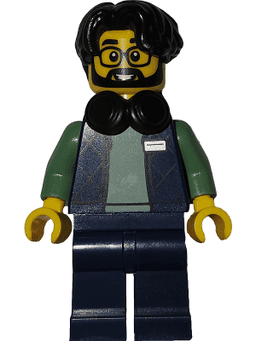 Art Factory Photographer - Male, Dark Blue Bodywarmer Over Sand Green Sweater, Dark Blue Legs, Black Hair Parted on Right, Headphones Around Neck