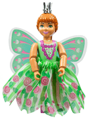 Belville Female, Child Girl (Princess Flora) - Medium Green Top with Flowers Pattern, Dark Orange Hair, Dark Pink Shoes, Skirt with Wings, Crown