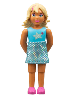 Belville Female, Child Girl (Pop Star) - Sky Blue Top with Stars Pattern, Light Yellow Hair with Dark Pink Streaks, Dark Pink Shoes, Skirt