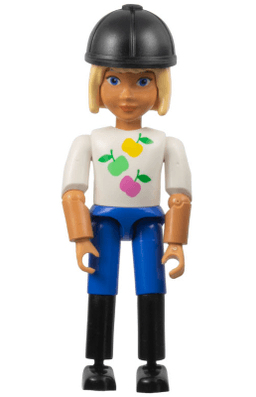 Belville Female, Child Girl (Horse Rider) - Blue Shorts, White Top with Apples Pattern, Very Light Orange Hair, Black Shoes, Hat