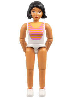 Belville Female, Adult Woman - White Swimsuit with Dark Pink and Light Orange Stripes Pattern, Black Hair, White Shoes (4140031)