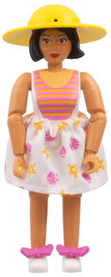 Belville Female, Adult Woman - White Swimsuit with Dark Pink and Light Orange Stripes Pattern, Black Hair, White Shoes, Skirt, Hat, Bows