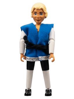 Belville Male, Adult Man (Prince Justin) - Black Shorts, White Top with Laces and Royal Crest Logo Pattern, Very Light Orange Hair, Black Shoes, Vest