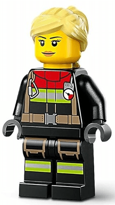 Fire - Female, Black Jacket and Legs with Reflective Stripes and Red Collar, Bright Light Yellow Hair Ponytail and Swept Sideways Fringe