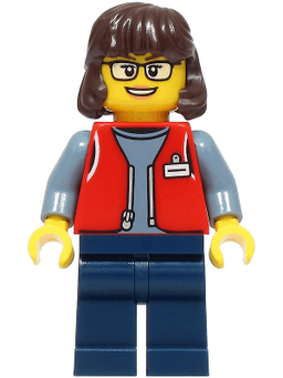 Forklift Driver - Female, Red Vest over Sand Blue Shirt, Dark Blue Legs, Dark Brown Hair