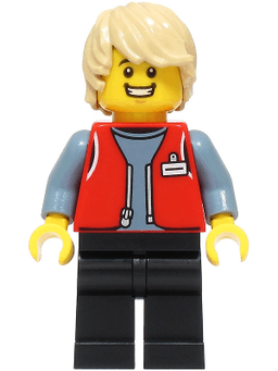 Forklift Driver - Male, Red Vest over Sand Blue Shirt, Black Legs, Tan Hair
