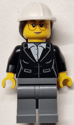 Construction Engineer / Architect - Female, Black Suit Jacket with White Button Up Shirt, Dark Bluish Gray Legs, White Construction Helmet with Dark Brown Ponytail Hair, Glasses