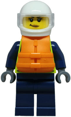 Police - City Officer Female, Neon Yellow Safety Vest, Dark Blue Legs, White Helmet, Trans-Clear Visor, Orange Life Jacket