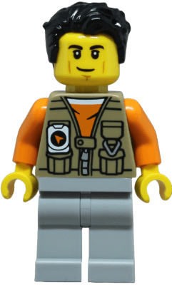 Adventurer - Male, Dark Tan Vest over Orange Shirt, Light Bluish Gray Legs, Black Hair