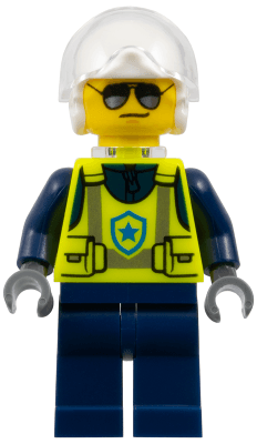 Police - City Officer Male, Neon Yellow Safety Vest, Dark Blue Legs, White Flight Helmet, Trans-Clear Visor, Neck Bracket