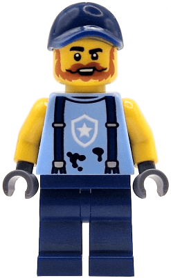 Police Mechanic - Male, Bright Light Blue Shirt with Suspenders, Black Splotches and White Star Badge Logo, Dark Blue Legs and Cap, Dark Orange Beard