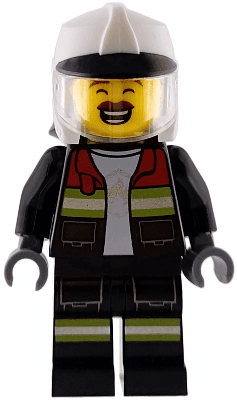 Fire - Male, Black Open Jacket and Legs with Reflective Stripes and Red Collar, White Fire Helmet, Trans-Clear Visor, Reddish Brown Moustache
