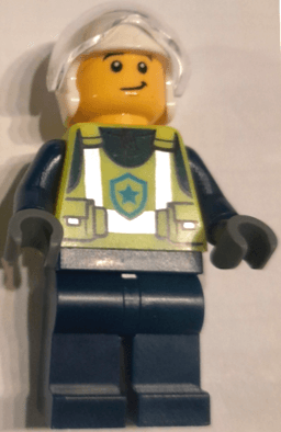 Police - City Officer Male, Neon Yellow Safety Vest, Dark Blue Legs, White Flight Helmet, Trans-Clear Visor, Lopsided Grin / Scared