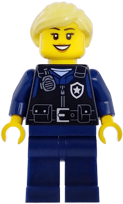 Airport Security Guard - Female, Black Safety Vest with Silver Star Bad Logo, Dark Blue Legs, Bright Light Yellow Hair Ponytail