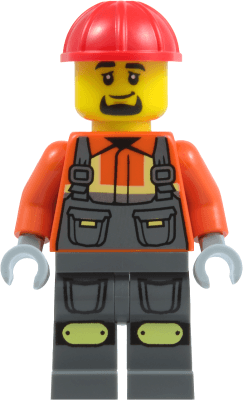 Construction Worker - Male, Dark Bluish Gray Overalls over Reddish Orange Safety Jacket with Reflective Stripes, Dark Bluish Gray Legs with Knee Pads, Red Construction Helmet, Goatee