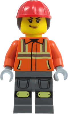 Construction Worker - Female, Reddish Orange Safety Jacket with Reflective Stripes, Dark Bluish Gray Legs with Knee Pads, Red Construction Helmet with Dark Brown Ponytail Hair, Smirk