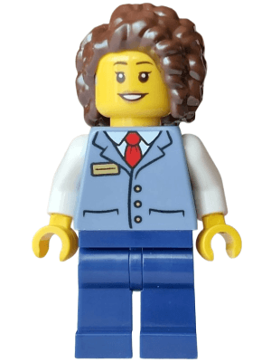 Streetcar Driver - Female, Sand Blue Vest over White Shirt, Dark Blue Legs, Dark Brown Hair