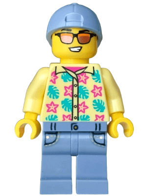 Streetcar Passenger - Male, Bright Light Yellow Shirt with Flowers and Leaves, Sand Blue Legs with Pockets and Cap