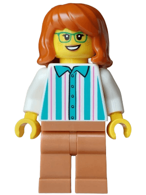 Ice Cream Vendor - Female, White Shirt with Dark Turquoise Stripes, Medium Nougat Legs, Dark Orange Hair, Green Glasses