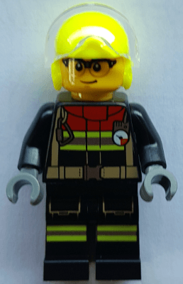 Fire - Male, Black Jacket and Legs with Reflective Stripes and Red Collar, Neon Yellow Flight Helmet, Trans-Clear Visor