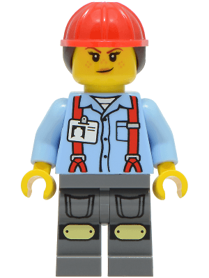 Construction Worker - Female, Bright Light Blue Shirt with Red Suspenders, Dark Bluish Gray Legs with Knee Pads, Red Construction Helmet with Dark Brown Ponytail Hair